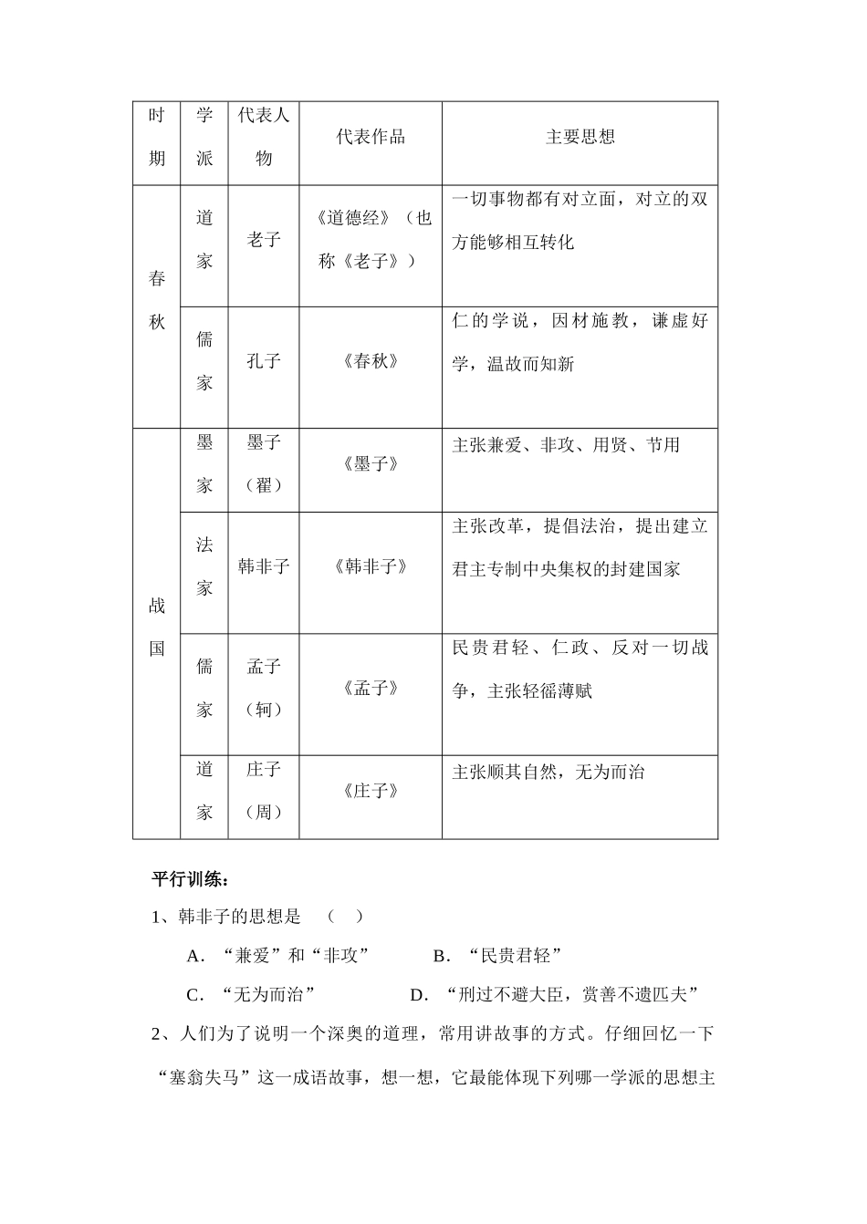七年级历史上册 第十一课 孔子和百家争鸣学案 冀教版_第3页