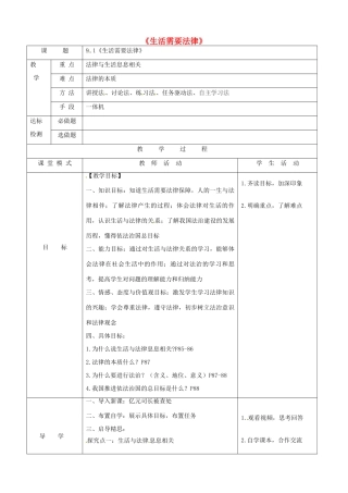 广东省佛山市七年级道德与法治下册 第四单元 走进法治天地 第九课 法律在我们身边 第1框 生活需要法律学案（无答案） 新人教版-新人教版初中七年级下册政治学案