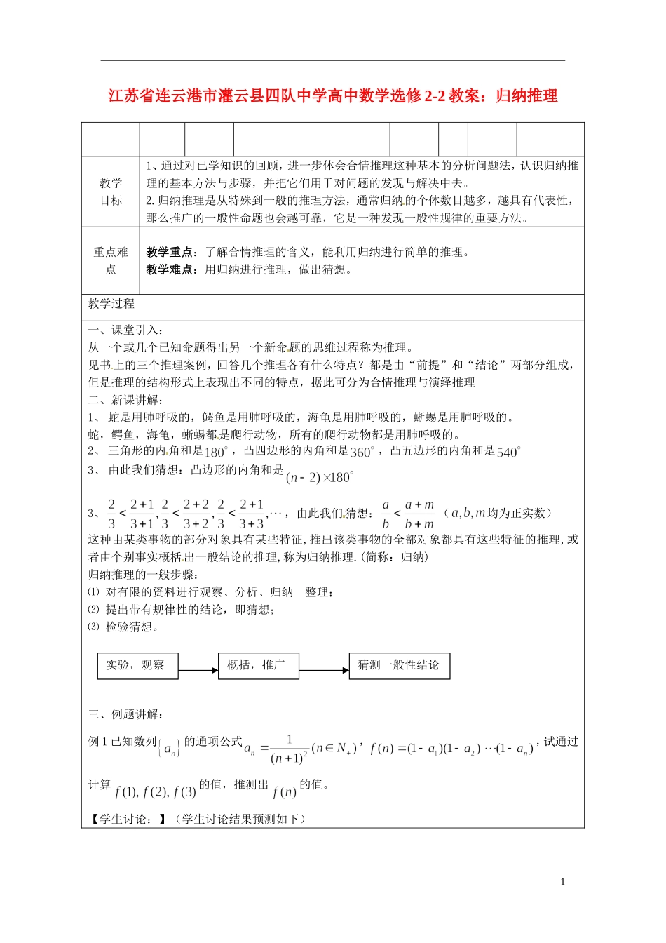 江苏省连云港市灌云县四队中学高中数学 归纳推理教案 苏教版选修2-2_第1页