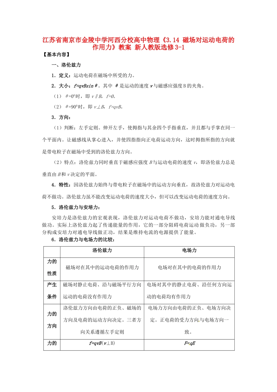 江苏省南京市金陵中学河西分校高中物理《3.14 磁场对运动电荷的作用力》教案 新人教版选修3-1_第1页