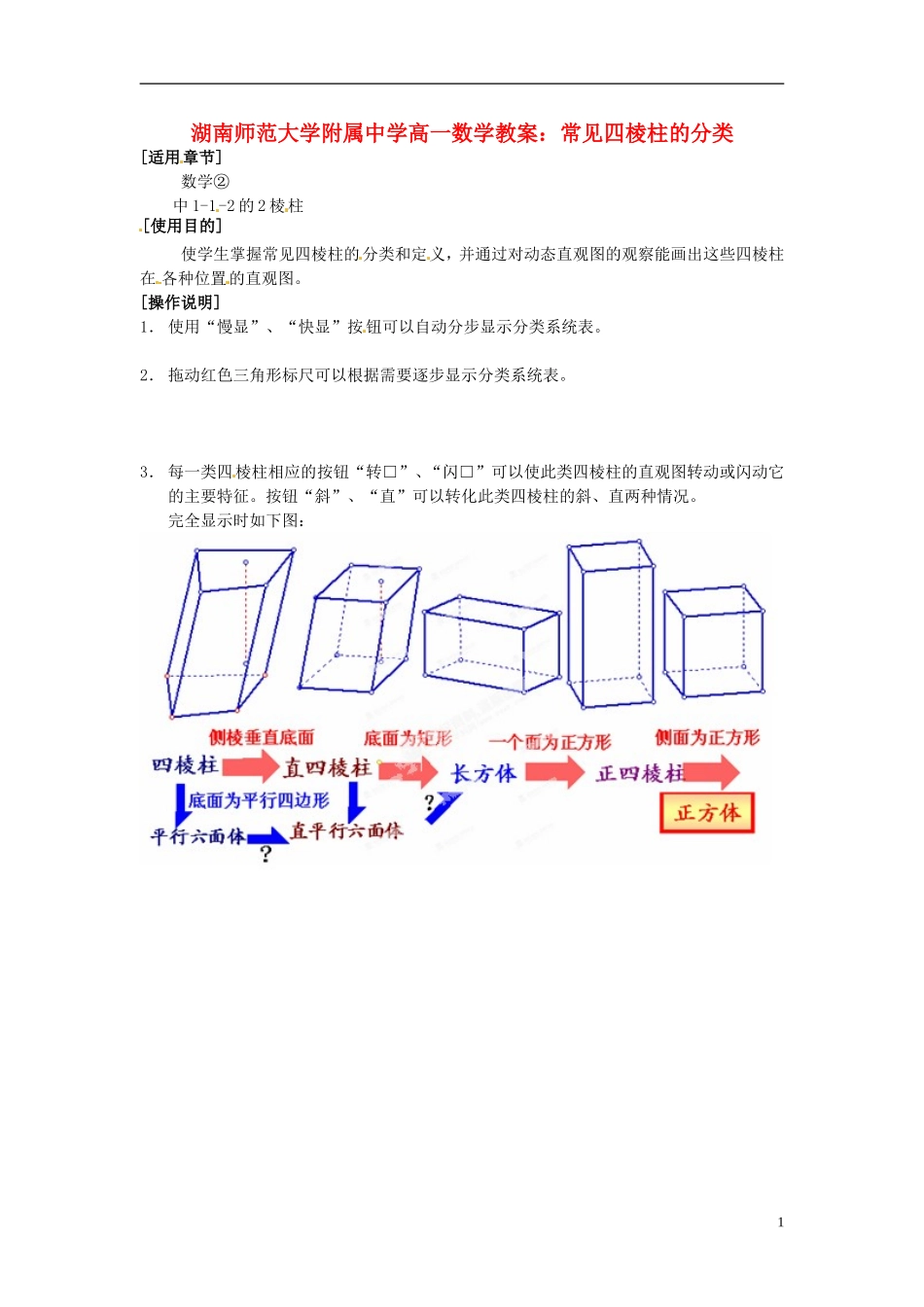 湖南师范大学附属中学高一数学 常见四棱柱的分类教案_第1页