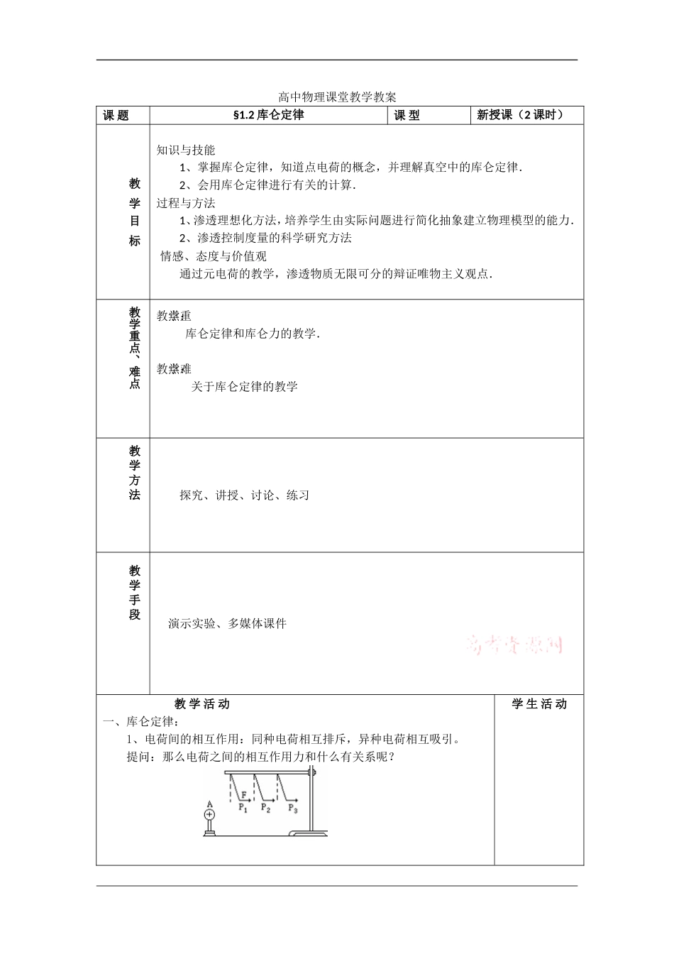 高中物理：1.2 库伦定律 教案（教科版选修3-1）_第1页
