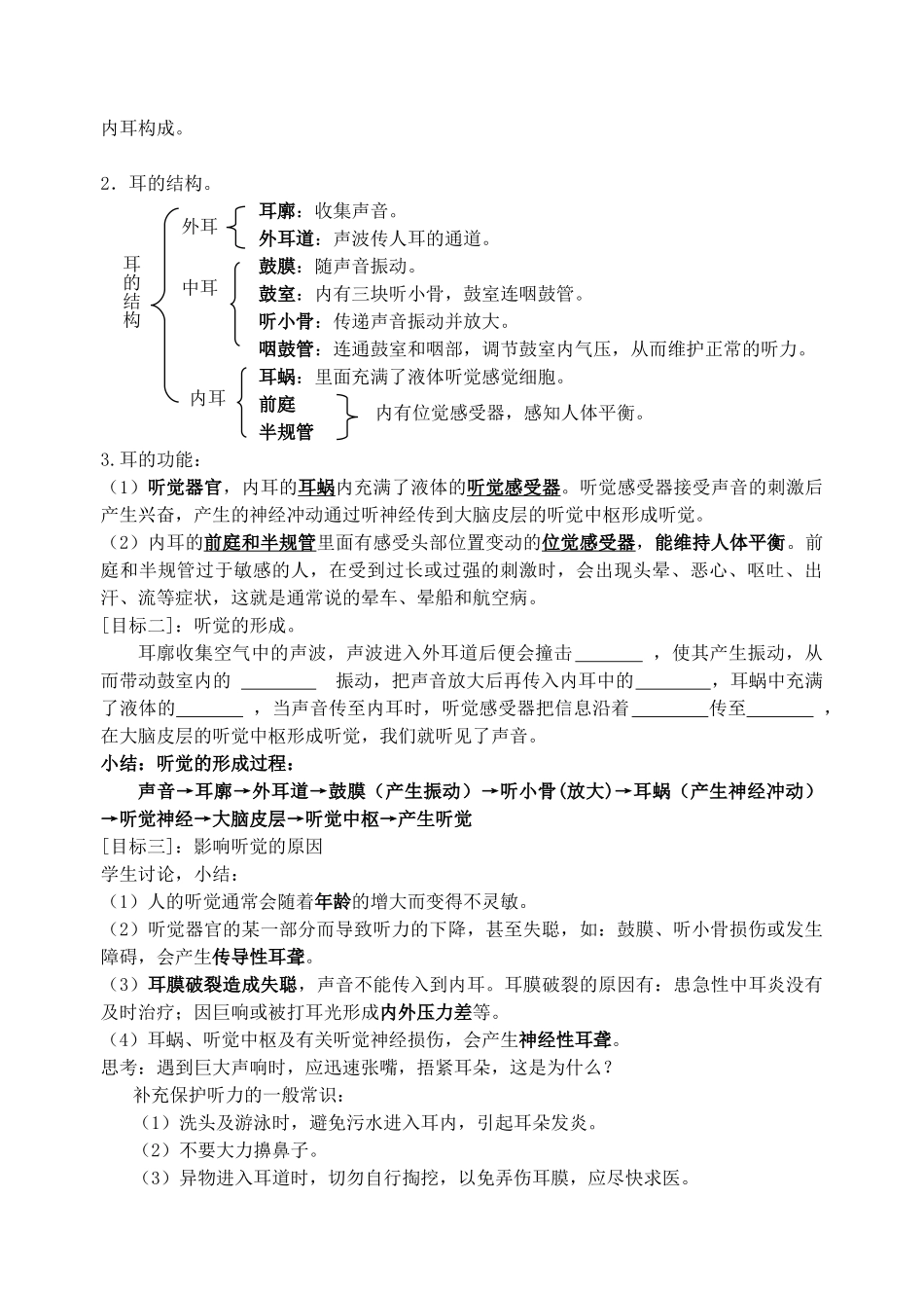 七年级科学下册 第一章讲学稿第3课时耳和听觉（一）教案 浙教版_第2页