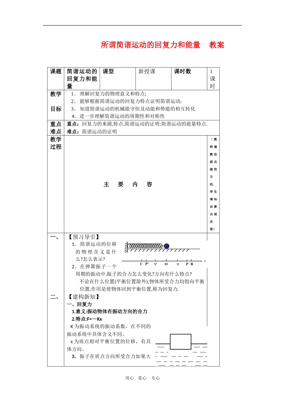 高中物理：11.3《简谐运动的回复力和能量》教案(2)（新人教版选修3-4）_第1页