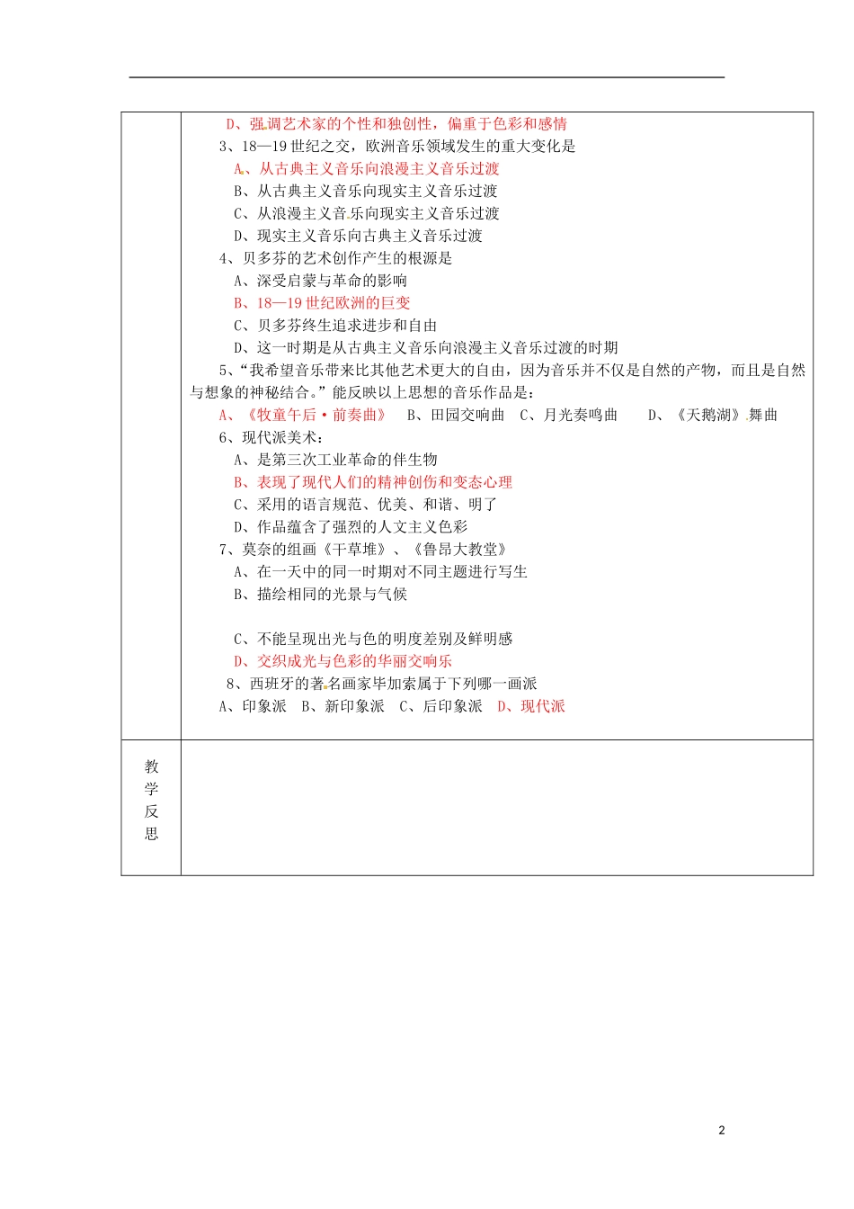广东省德庆县孔子中学高中历史《第19课 音乐与美术》教案 岳麓版必修3_第2页