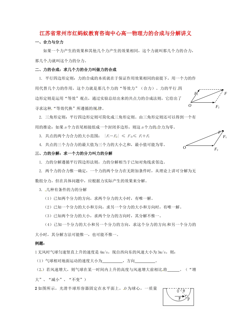 江苏省常州市红蚂蚁教育咨询中心高一物理 力的合成与分解复习讲义_第1页
