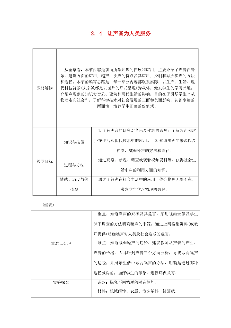 八年级物理上册 2.4让声音为人类服务导学设计 （新版）粤教沪版-（新版）粤教沪版初中八年级上册物理学案_第1页