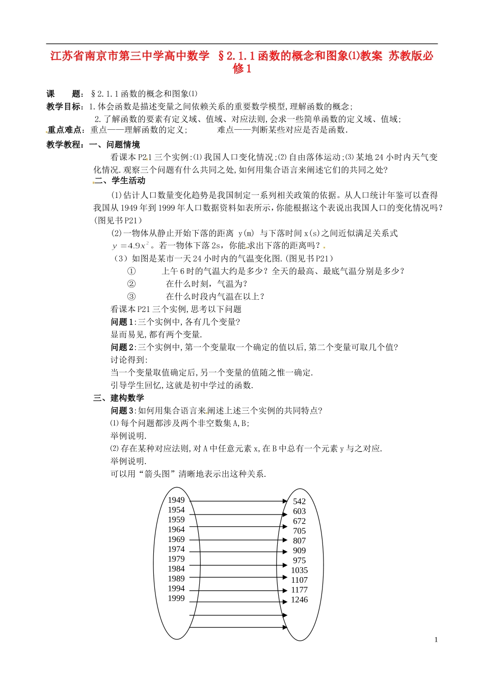 江苏省南京市第三中学高中数学 §2.1.1函数的概念和图象⑴教案 苏教版必修1_第1页