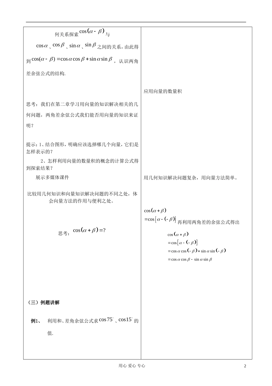 山东省郯城县高二数学《两角差的余弦公式》教案_第2页