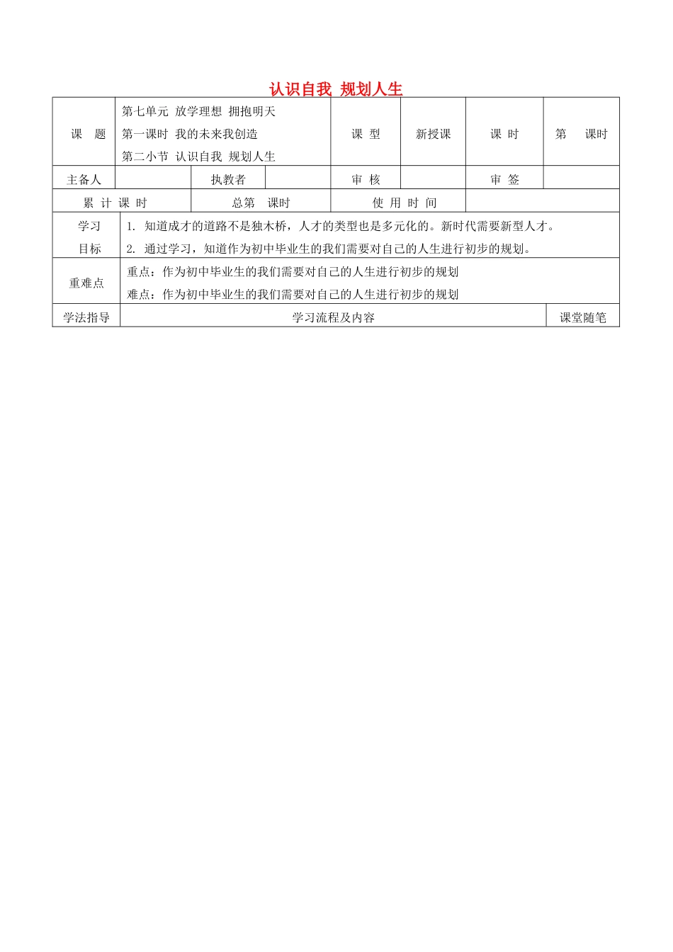 九年级道德与法治下册 第八单元 放飞理想 拥抱明天 8.1 我的未来我创造 第2框 认识自我 规划人生学案 粤教版-粤教版初中九年级下册政治学案_第1页