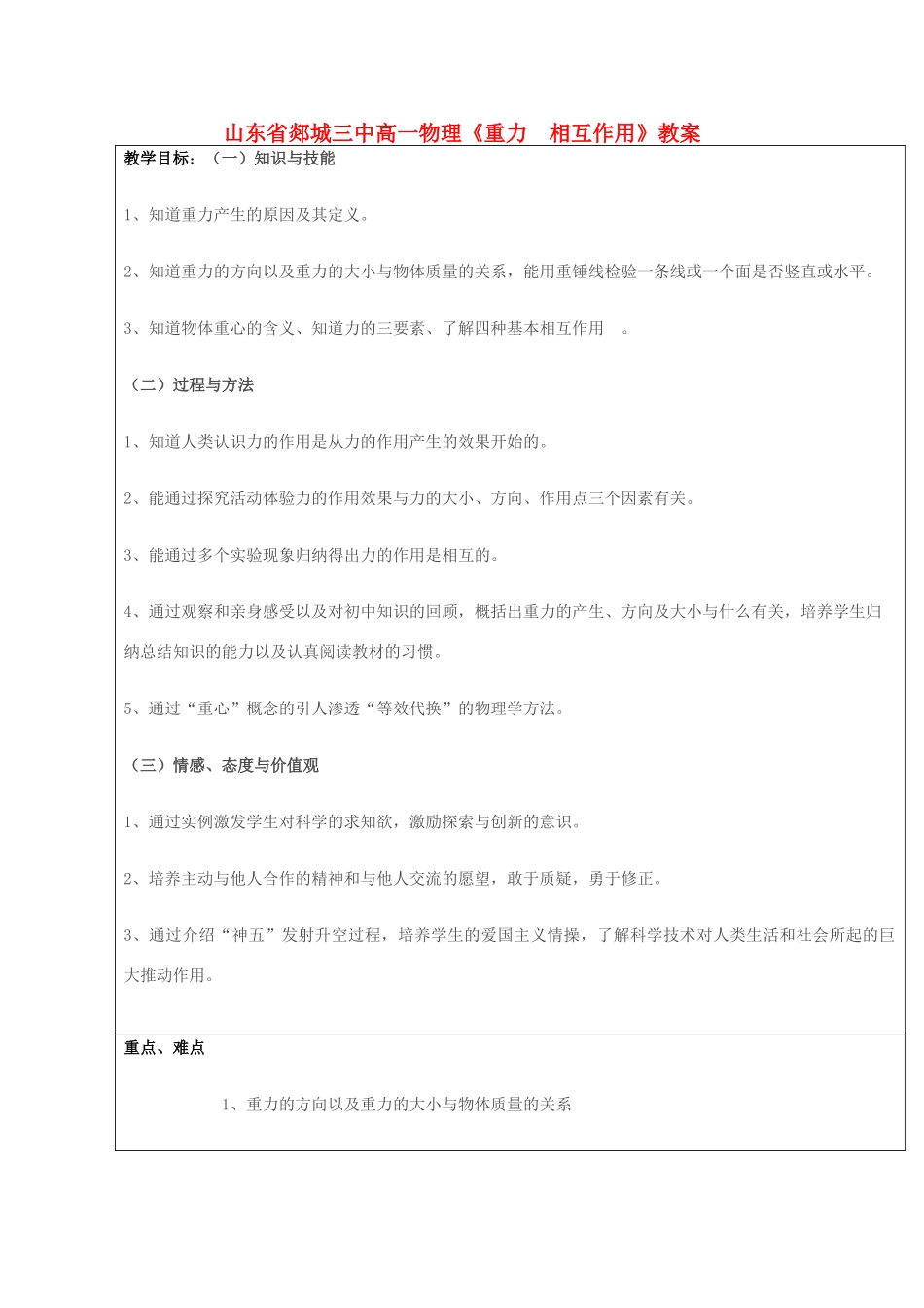 山东省郯城三中高一物理《重力  相互作用》教案_第1页