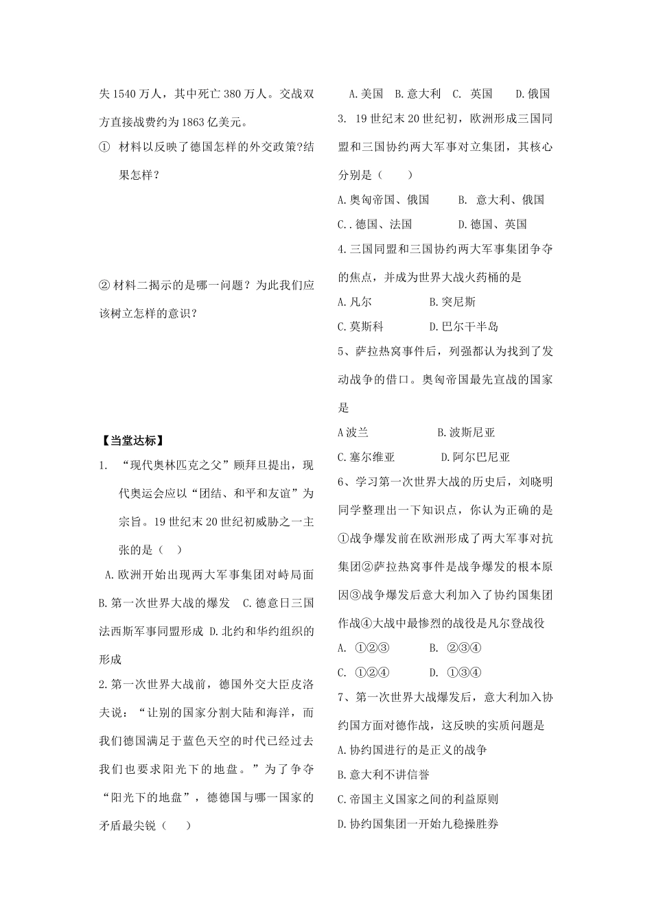 山东省朱田中学九年级历史上册  第21课 第一次世界大战学案（无答案） 人教新课标版_第2页