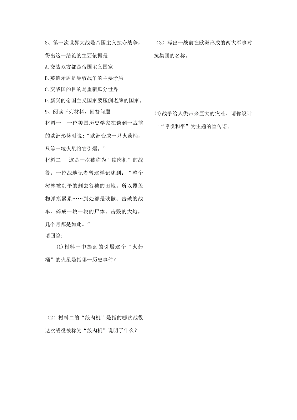 山东省朱田中学九年级历史上册  第21课 第一次世界大战学案（无答案） 人教新课标版_第3页