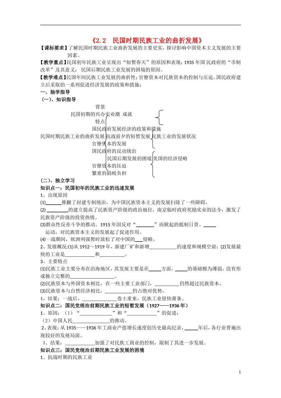 重庆市江津五中高中历史《2.2 民国时期民族工业的曲折发展》教案 人民版必修2_第1页
