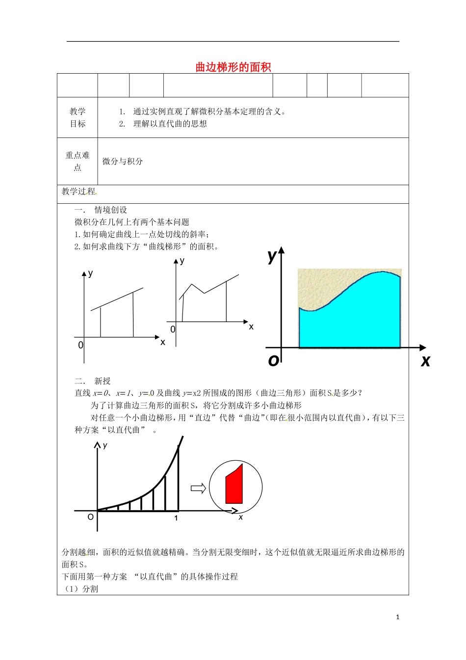 重庆市万州分水中学高中数学《曲边梯形的面积》教案 苏教版选修2-1_第1页
