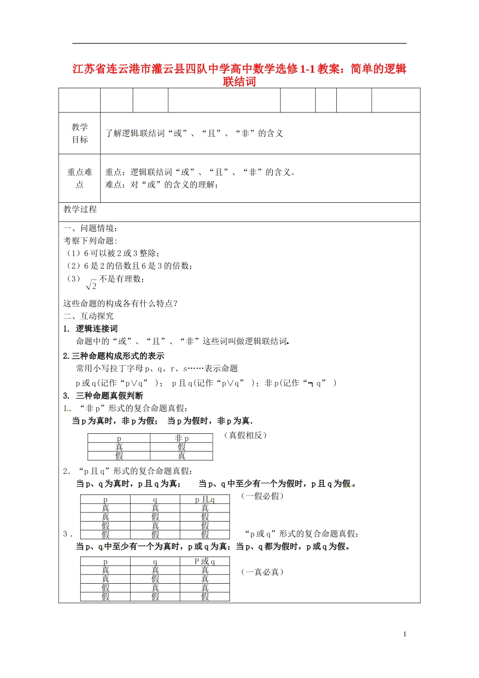 江苏省连云港市灌云县四队中学高中数学 简单的逻辑联结词教案 苏教版选修1-1_第1页