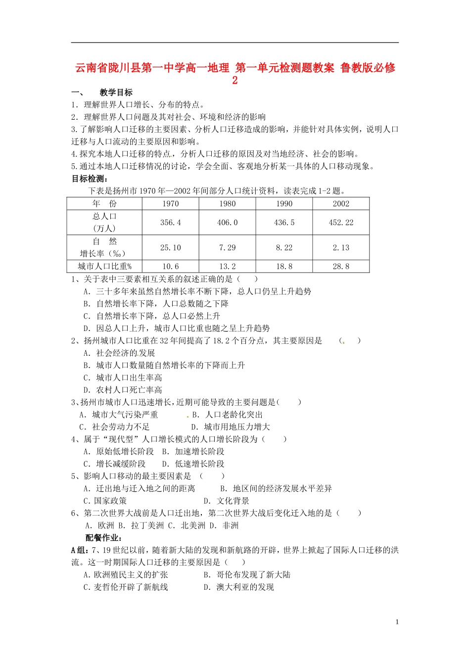 云南省陇川县第一中学高中地理 第一单元检测题教案 鲁教版必修2_第1页