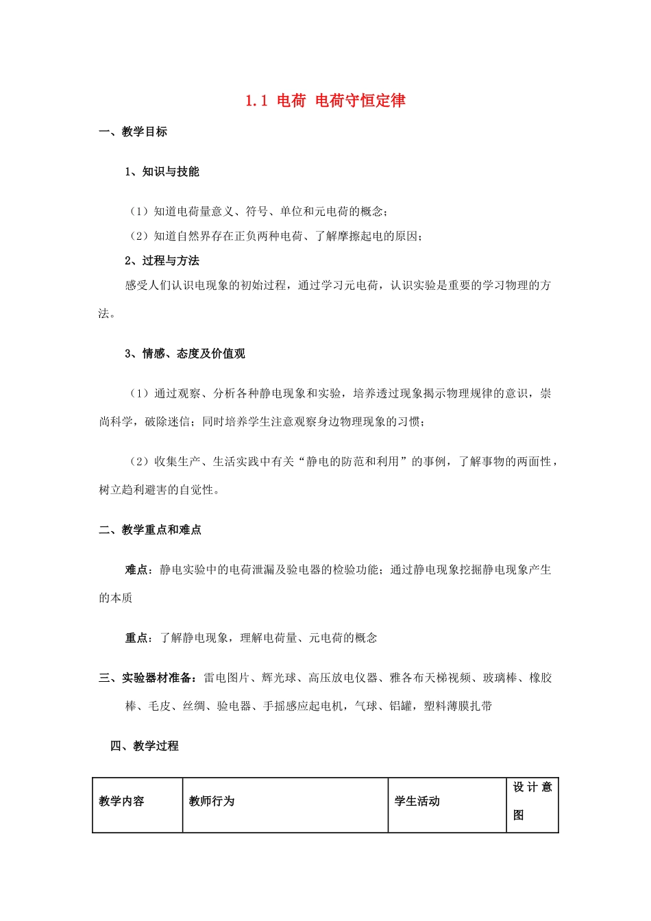 高中物理 第一章 静电场 1.1 电荷 电荷守恒定律教案 教科版选修3-1-教科版高二选修3-1物理教案_第1页