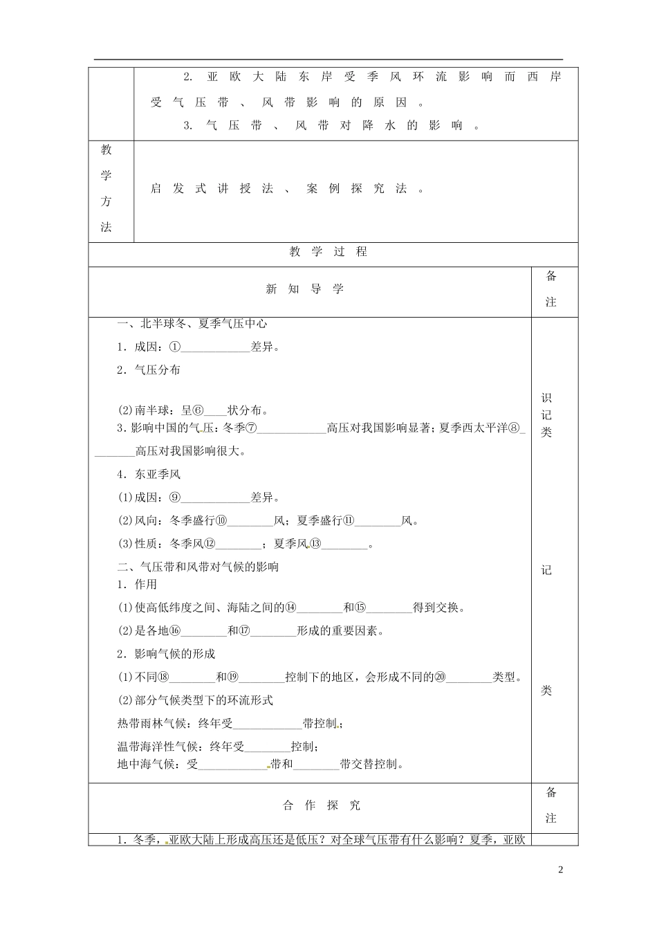 陕西省澄城县寺前中学高一地理 第二章第二节 北半球冬、夏季气压中心 气压带和风带队气候的影响教案_第2页