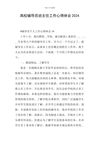 高校辅导员班主任工作心得体会2024