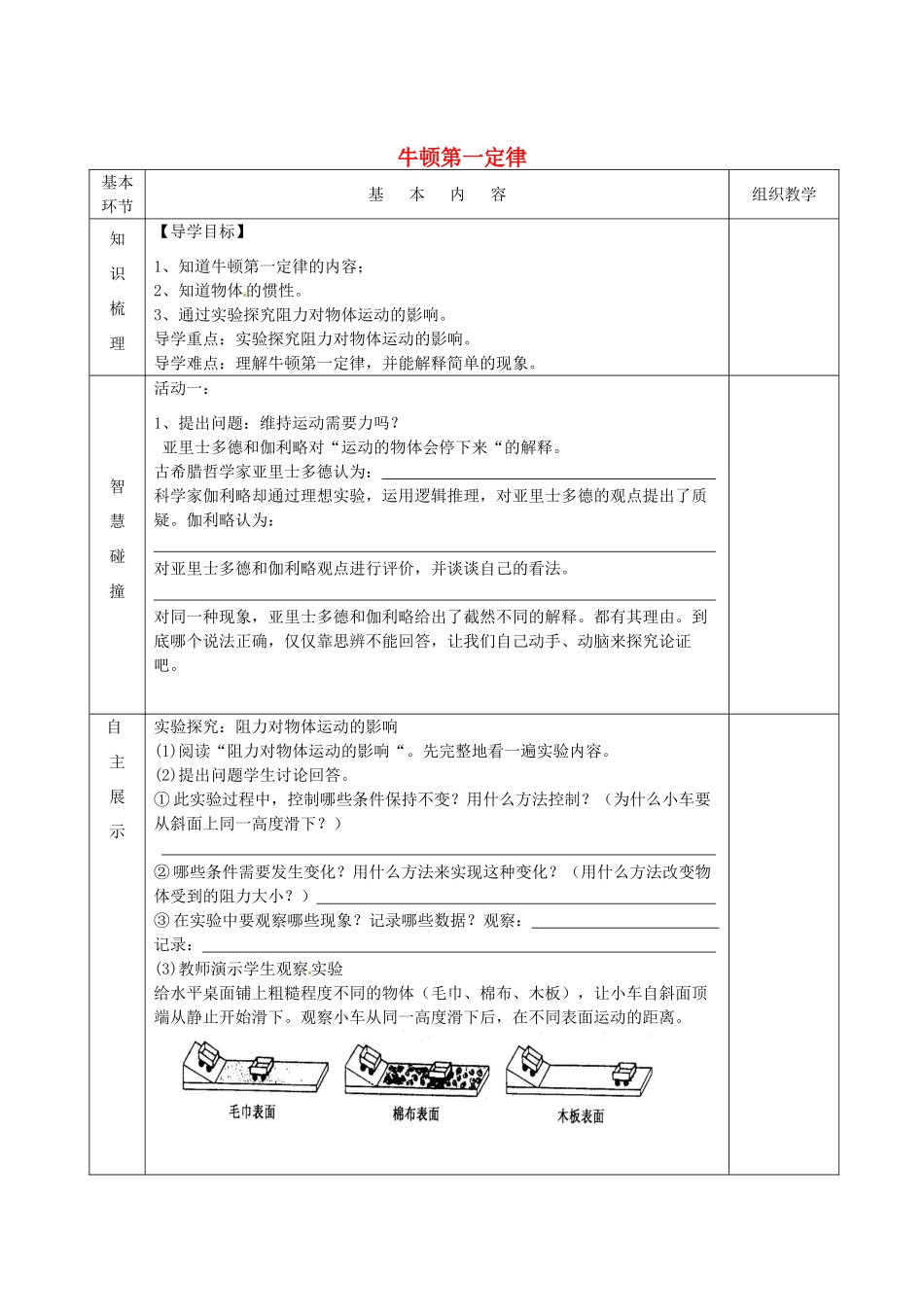 江苏省宿迁市沭阳县官墩初级中学八年级物理下册 9.2 牛顿第一定律导学案（无答案） 苏科版_第1页
