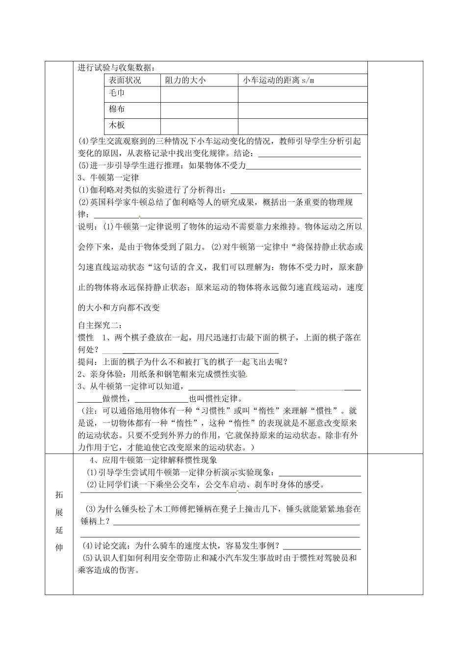 江苏省宿迁市沭阳县官墩初级中学八年级物理下册 9.2 牛顿第一定律导学案（无答案） 苏科版_第2页