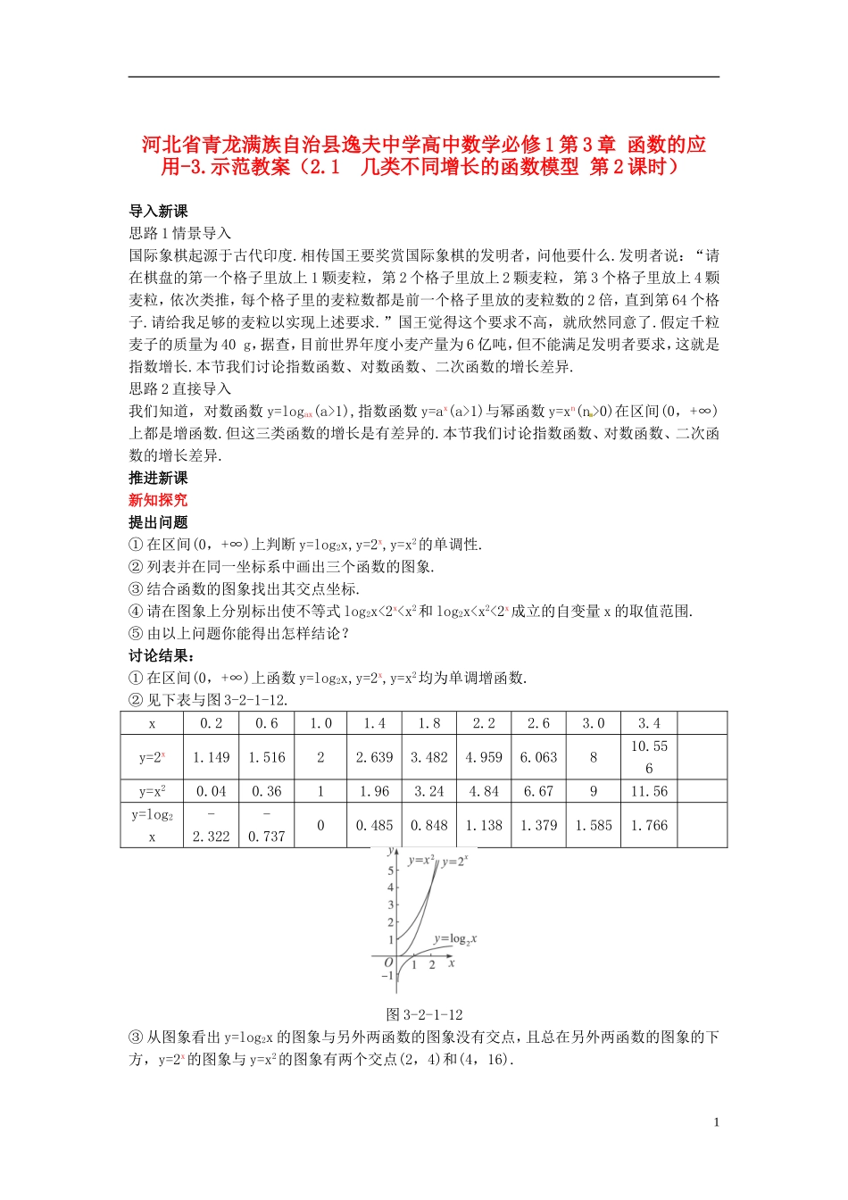 河北省青龙满族自治县逸夫中学高中数学 第3章 函数的应用（2.1 几类不同增长的函数模型 第2课时）示范教案 新人教A版必修1_第1页