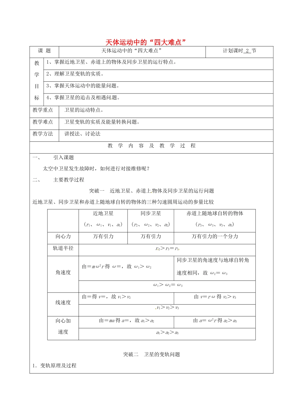 云南省峨山彝族自治县高三物理一轮复习 天体运动中的“四大难点”教案-人教版高三全册物理教案_第1页