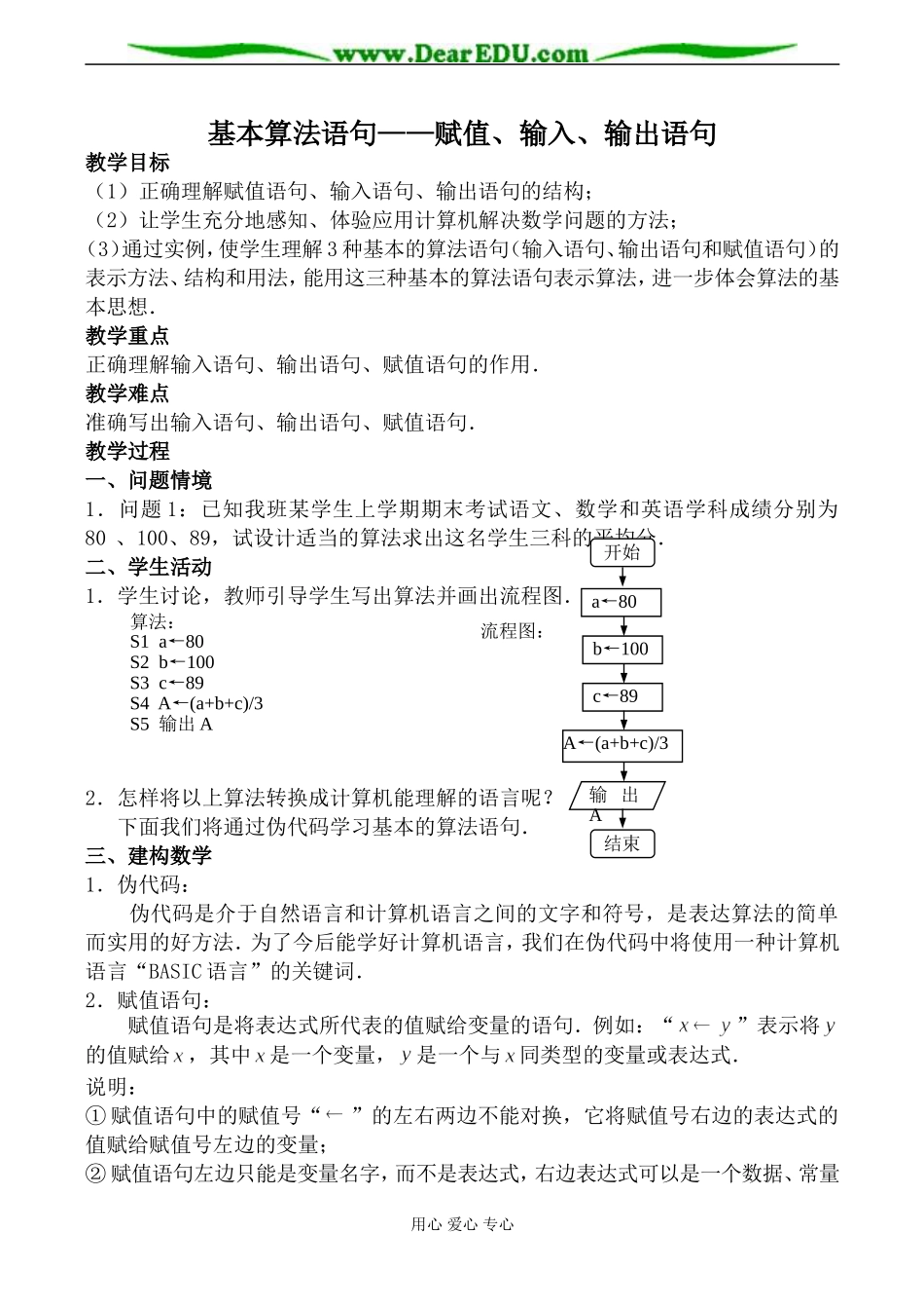 苏教版高中数学必修3基本算法语句 赋值、输入、输出语句教案_第1页