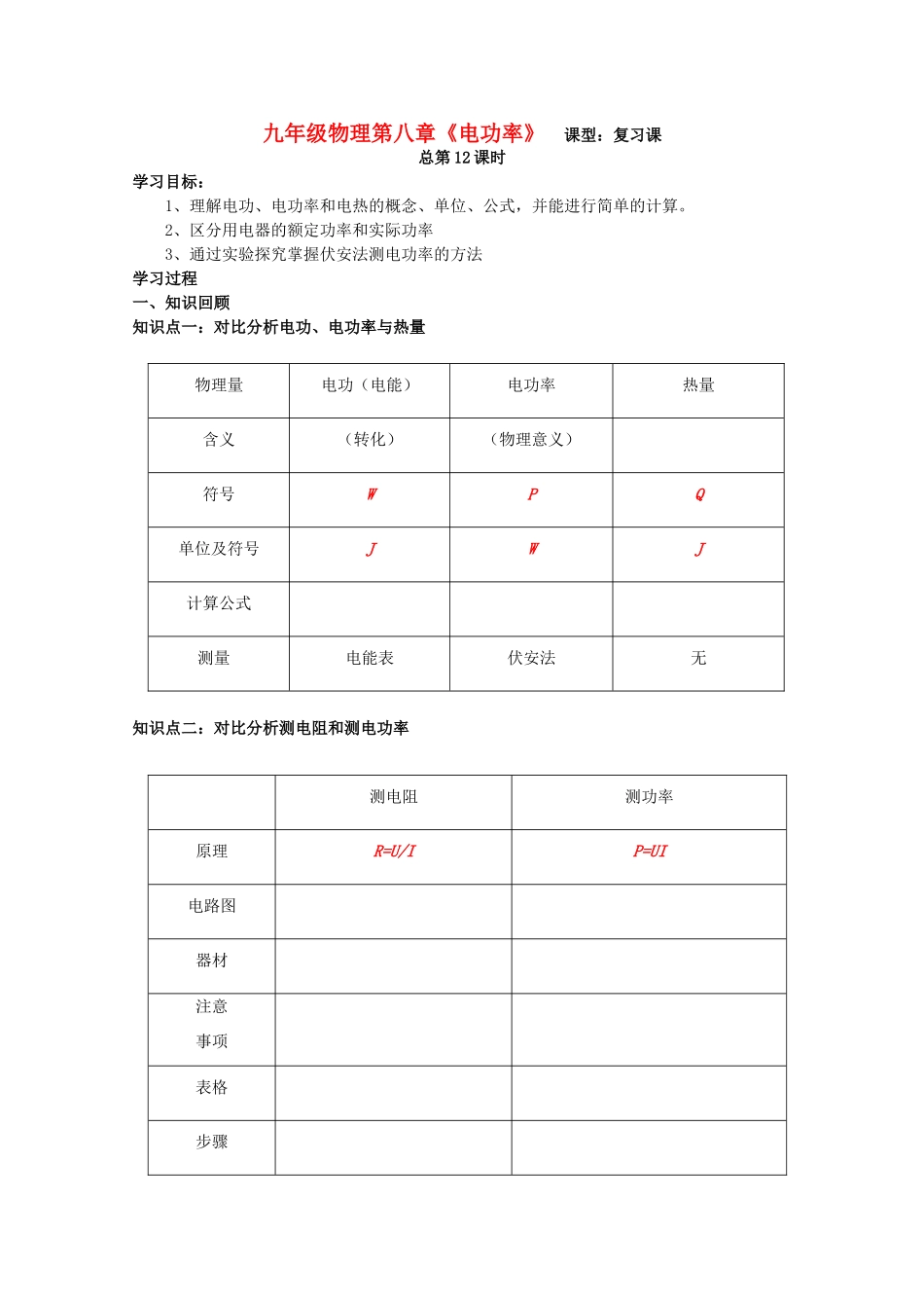 九年级物理 第八章、《电功率》第一轮复习学案 人教新课标版_第1页