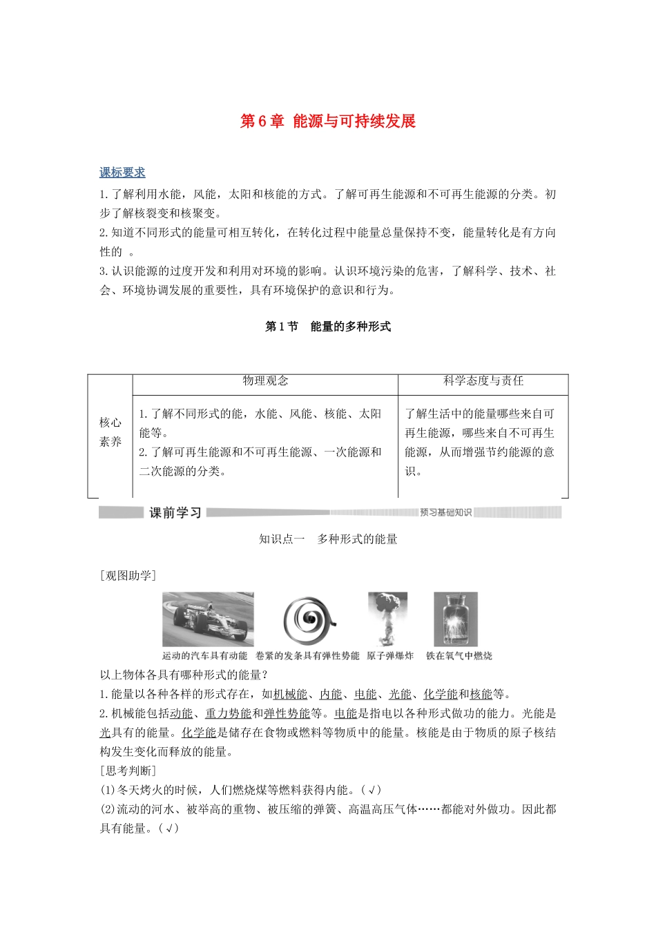 高中物理 第6章 能源与可持续发展 第1节 能量的多种形式教案 鲁科版必修第三册-鲁科版高二第三册物理教案_第1页