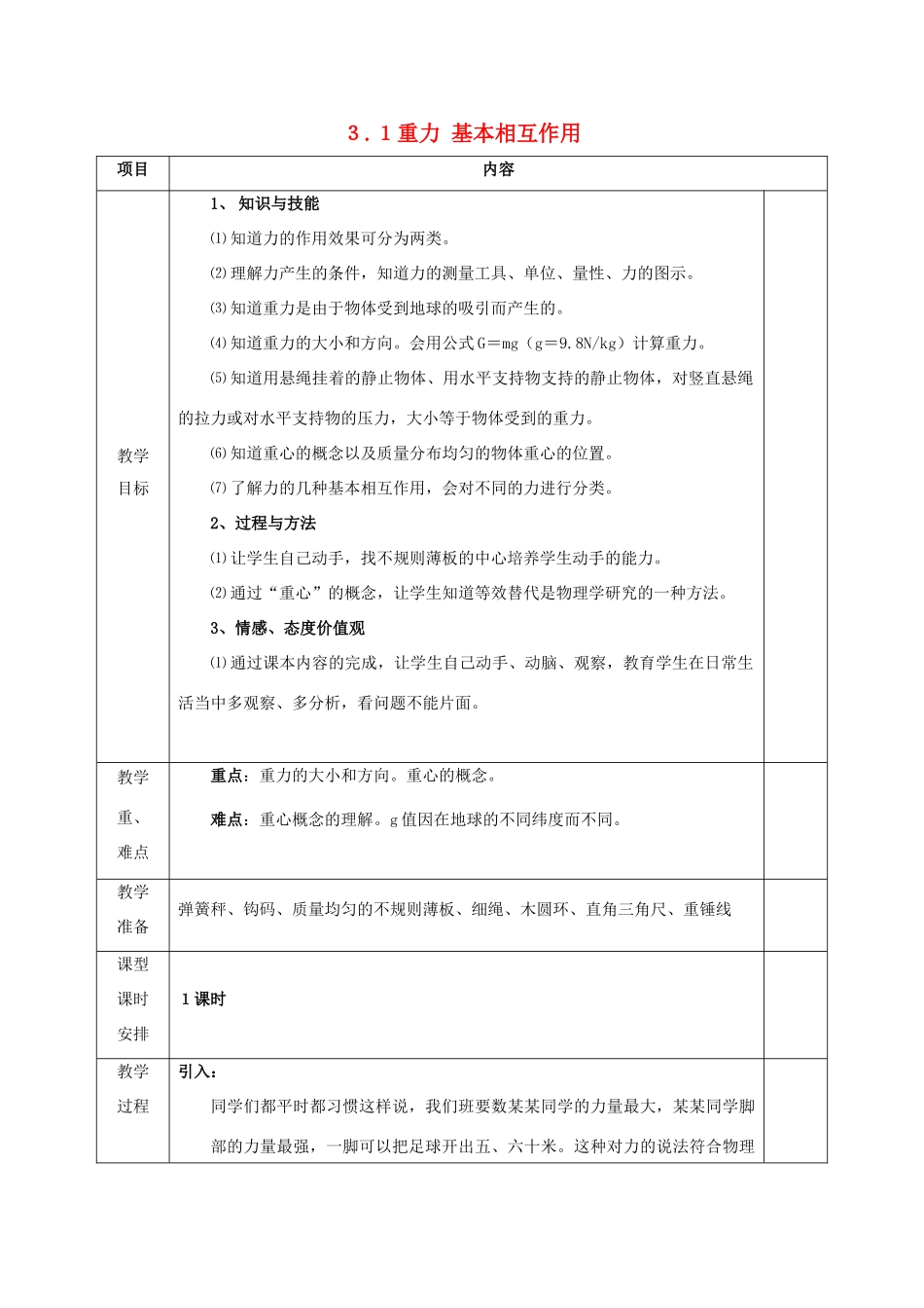 高中物理 第3章 相互作用 3.1 重力 基本相互作用教案 新人教版必修1-新人教版高一必修1物理教案_第1页