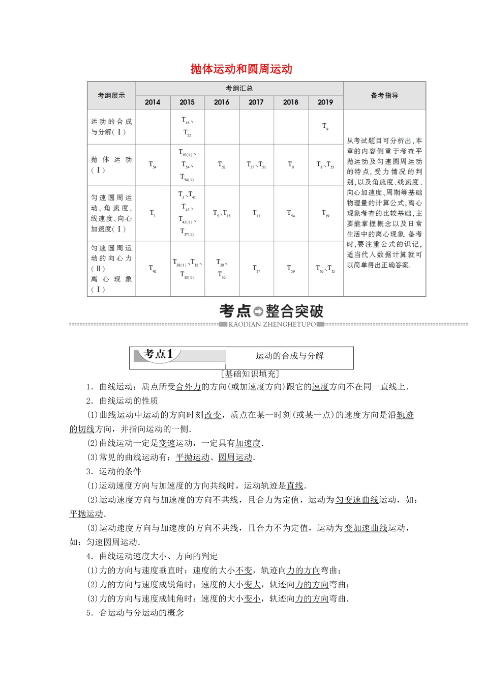 高中物理 学业水平测试冲A 第4章 抛体运动和圆周运动教案（含解析）-人教版高二全册物理教案_第1页