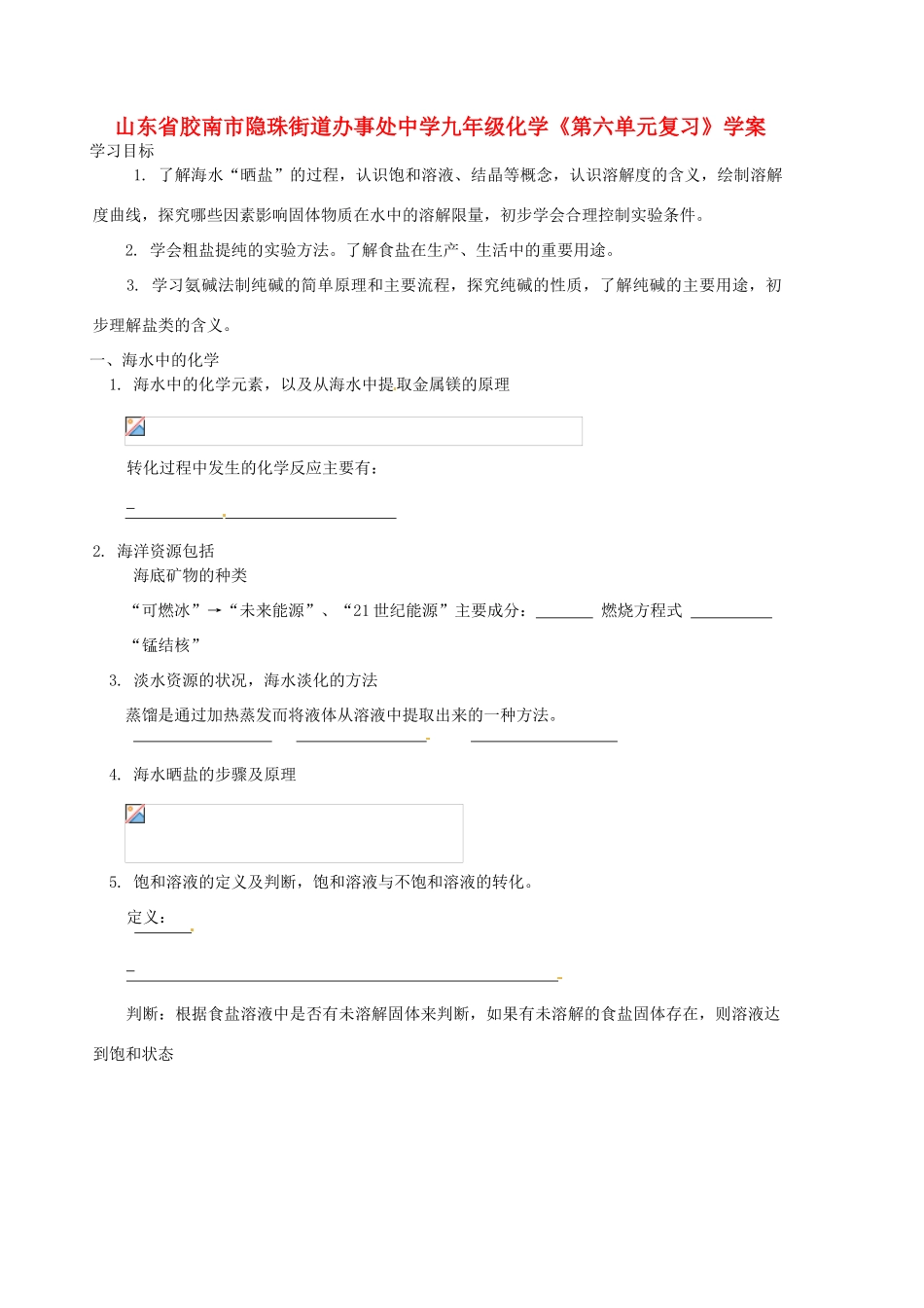 山东省胶南市隐珠街道办事处中学九年级化学《第六单元复习》学案_第1页