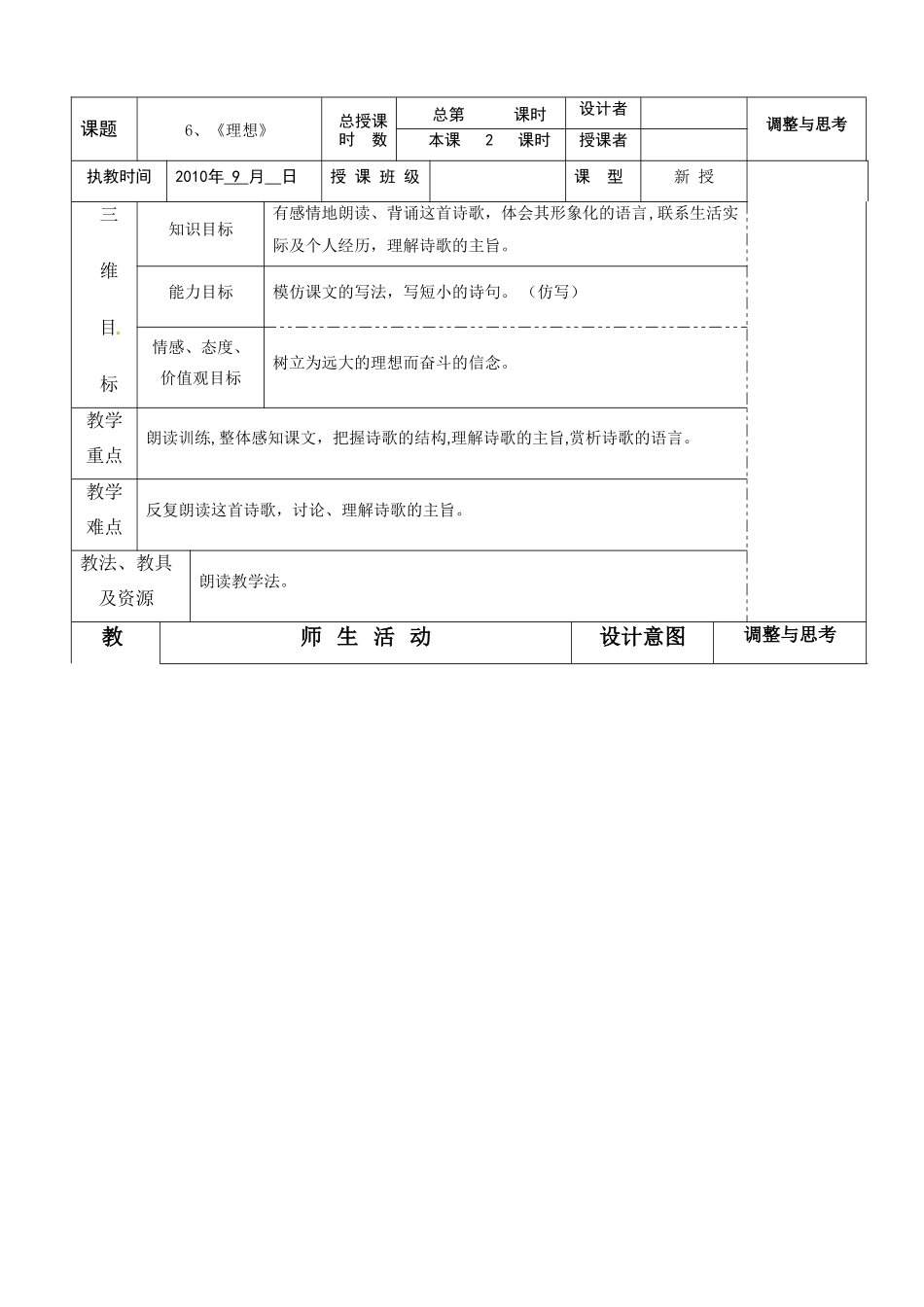 七年级语文上册 《理想》（二）教学设计 人教新课标版教材_第1页