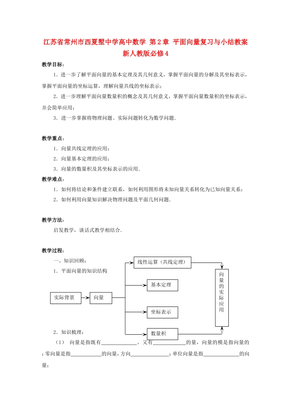 江苏省常州市西夏墅中学高中数学 第2章 平面向量复习与小结教案 新人教版必修4_第1页