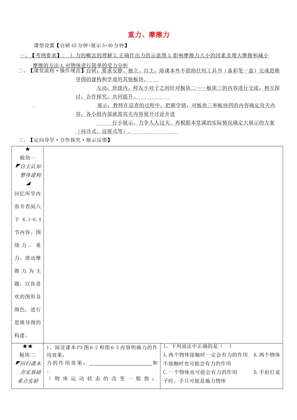 安徽省铜陵市中考物理 力、重力、摩擦力复习学案-人教版初中九年级全册物理学案_第1页
