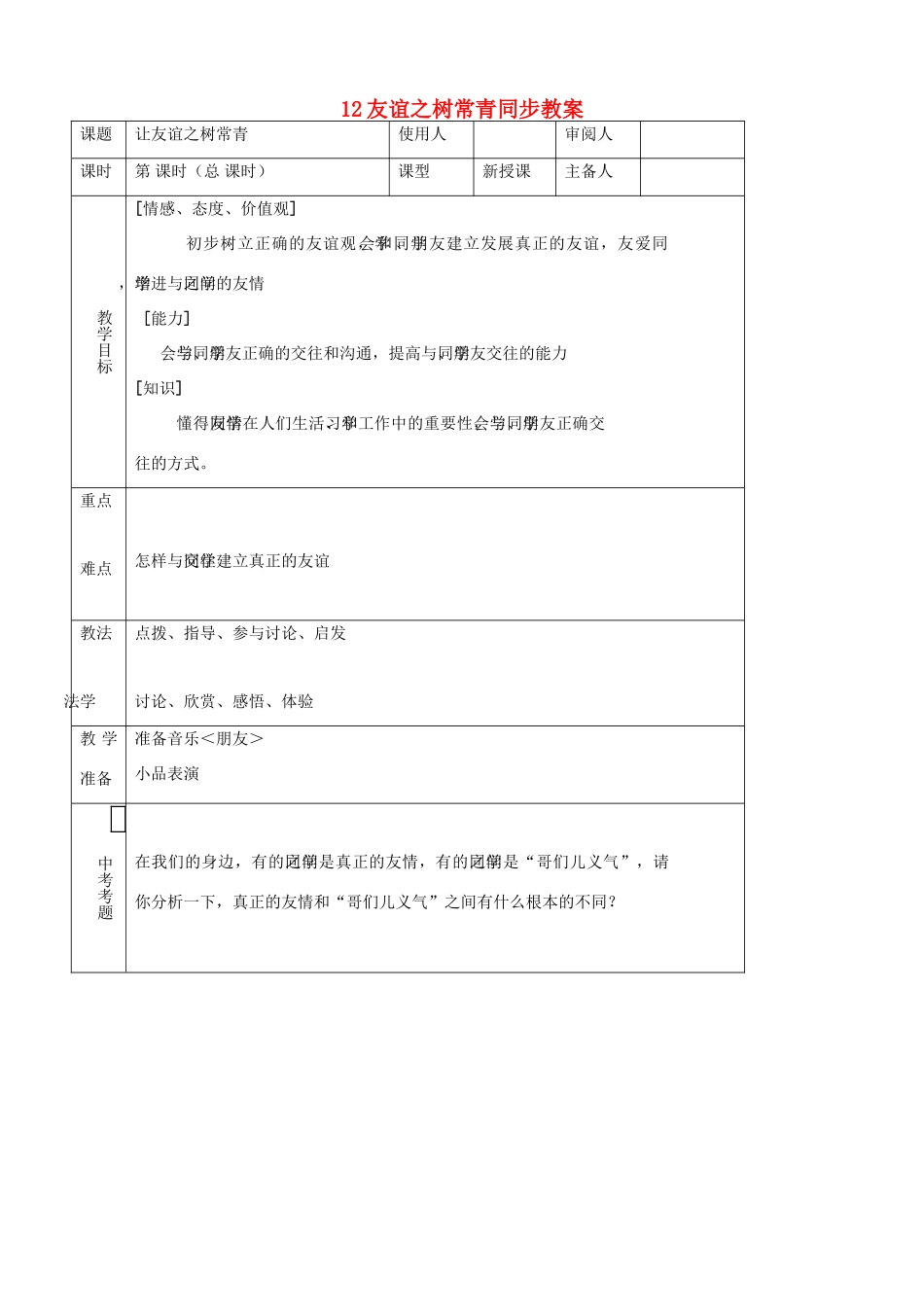 七年级思品上册 12友谊之树常青同步教学设计 鲁教版教材_第1页