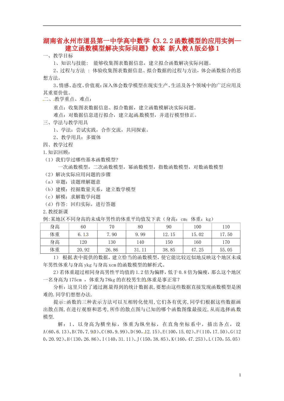 湖南省永州市道县第一中学高中数学《3.2.2函数模型的应用实例—建立函数模型解决实际问题》教案 新人教A版必修1_第1页