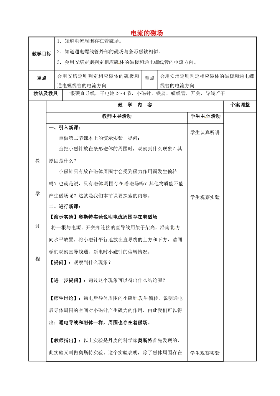 高中物理 第2章 磁场 2.2 电流的磁场（1）教案 新人教版选修1-1-新人教版高二选修1-1物理教案_第1页
