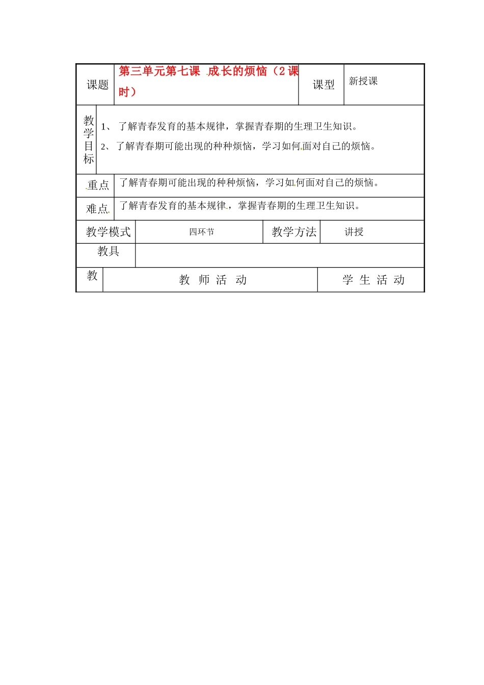 七年级政治上册 第7课 成长的烦恼教学设计 教科版教材_第1页