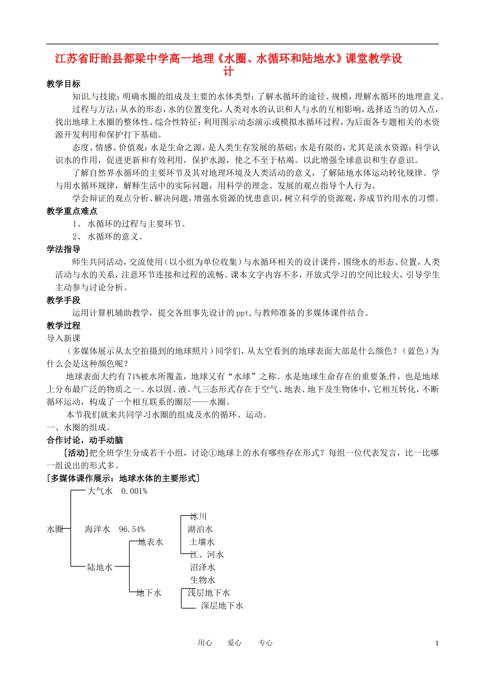 江苏省盱眙县都梁中学高一地理《水圈、水循环和陆地水》课堂教学设计_第1页