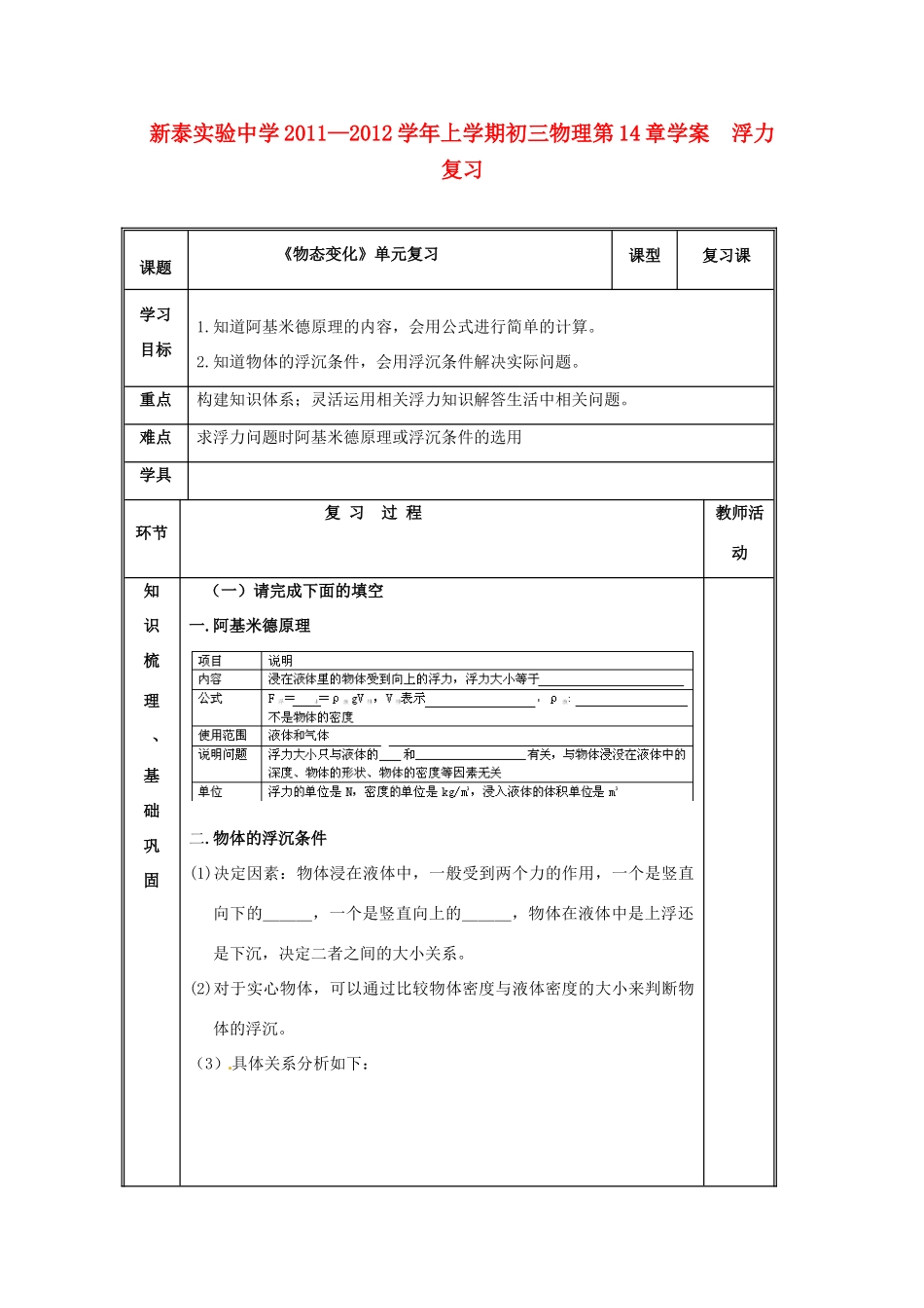 辽宁省普兰店二十七中九年级物理《第十四章 浮力》学案_第1页