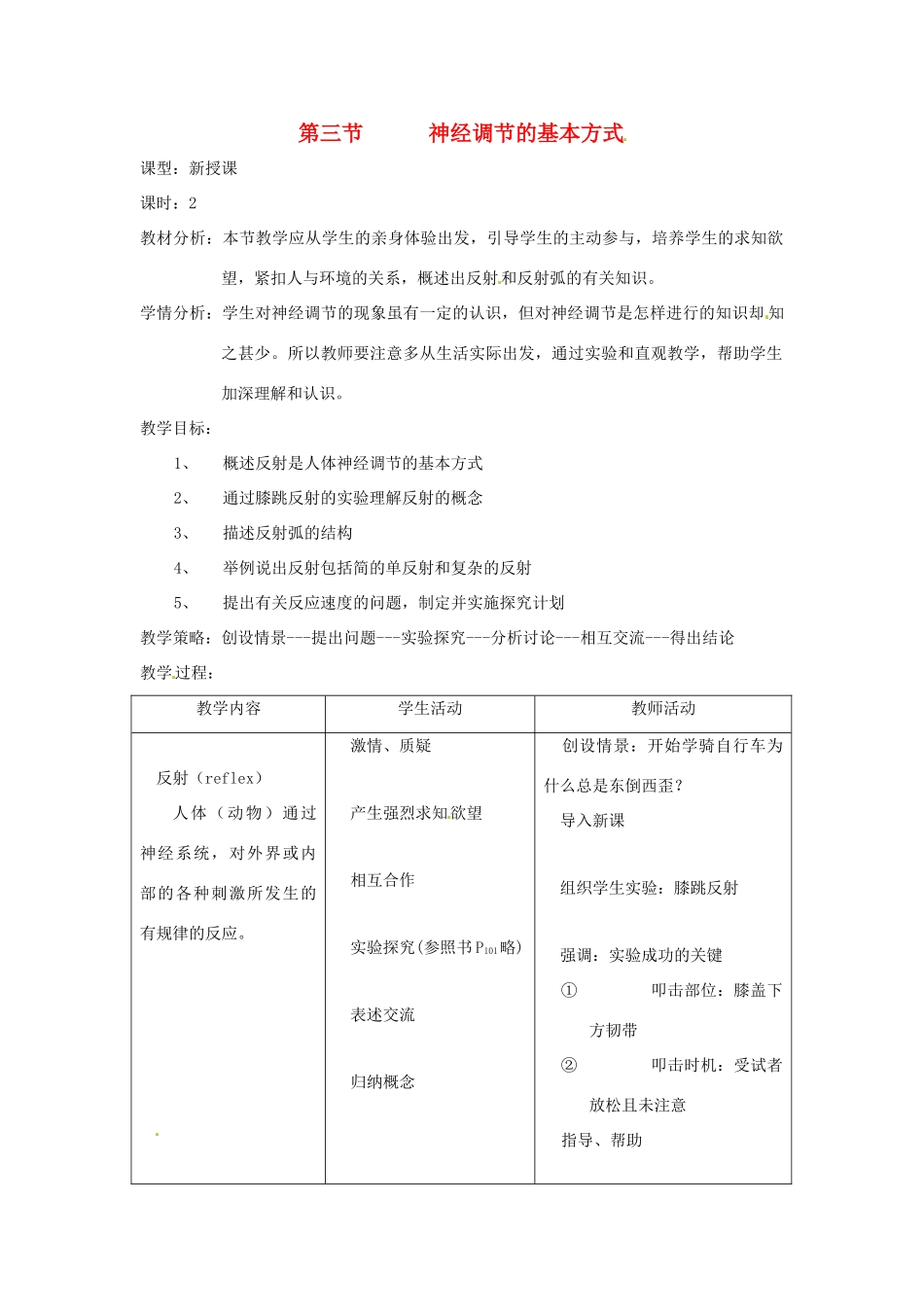 2013-2014学年七年级生物下册 第六章 人体生命活动的调节 第三节 神经调节的基本方式教案2 新人教版_第1页