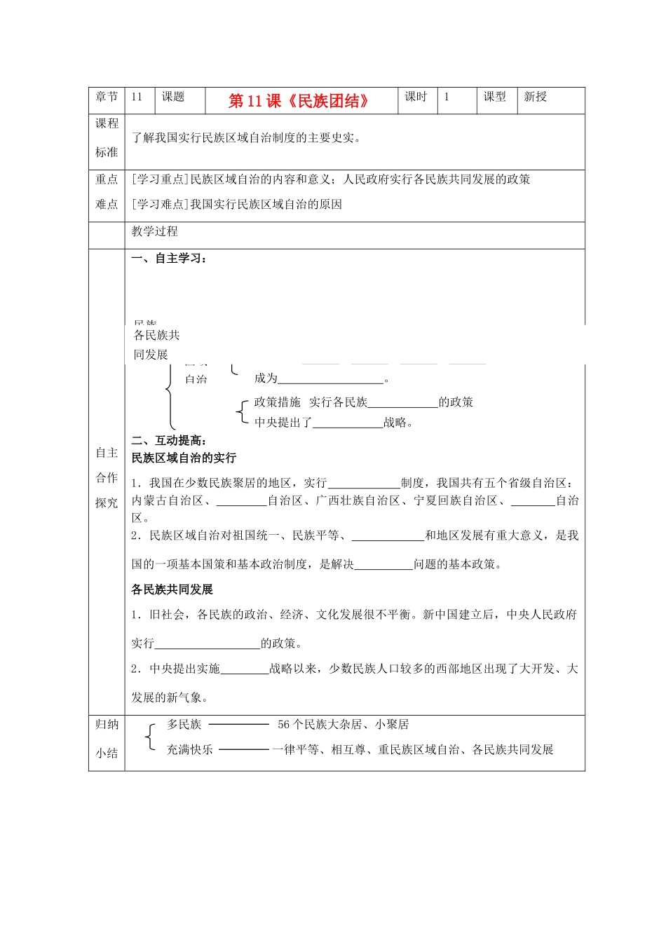 江苏省南京市谷里初级中学八年级历史下册 第11课《民族团结》学案 新人教版_第1页