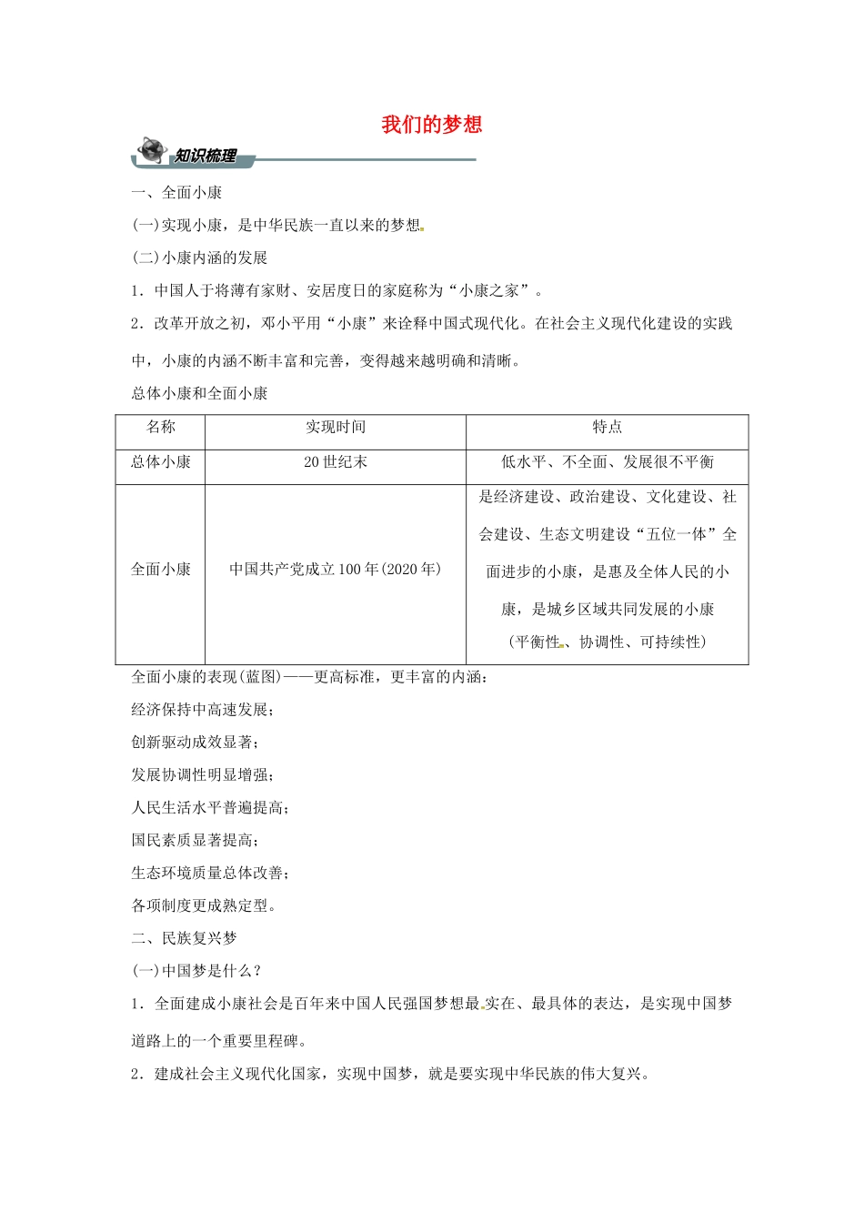 九年级道德与法治上册 第四单元 和谐与梦想 第八课 中国人 中国梦 第一框 我们的梦想导学案 新人教版-新人教版初中九年级上册政治学案_第1页