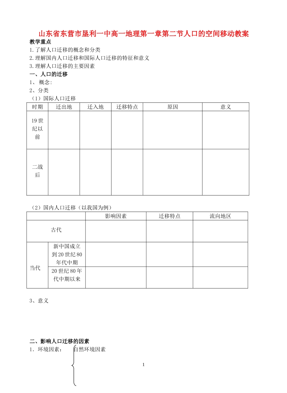 山东省垦利一中高一地理第一章第二节人口的空间移动 新课标 人教版 必修2_第1页