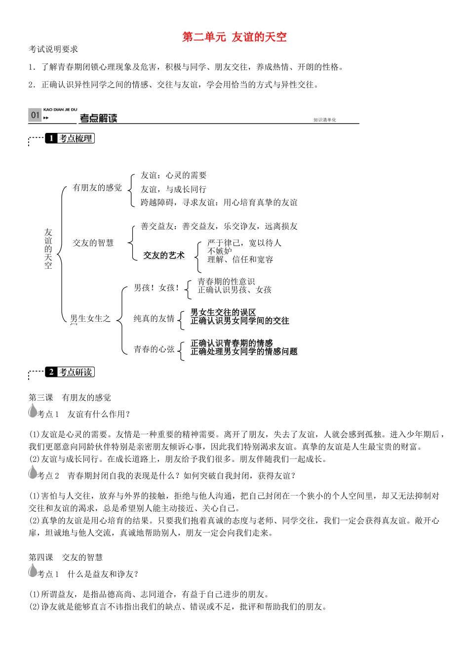 春中考政治 考点梳理复习 八上 第二单元 友谊的天空学案 教科版-教科版初中九年级全册政治学案_第1页