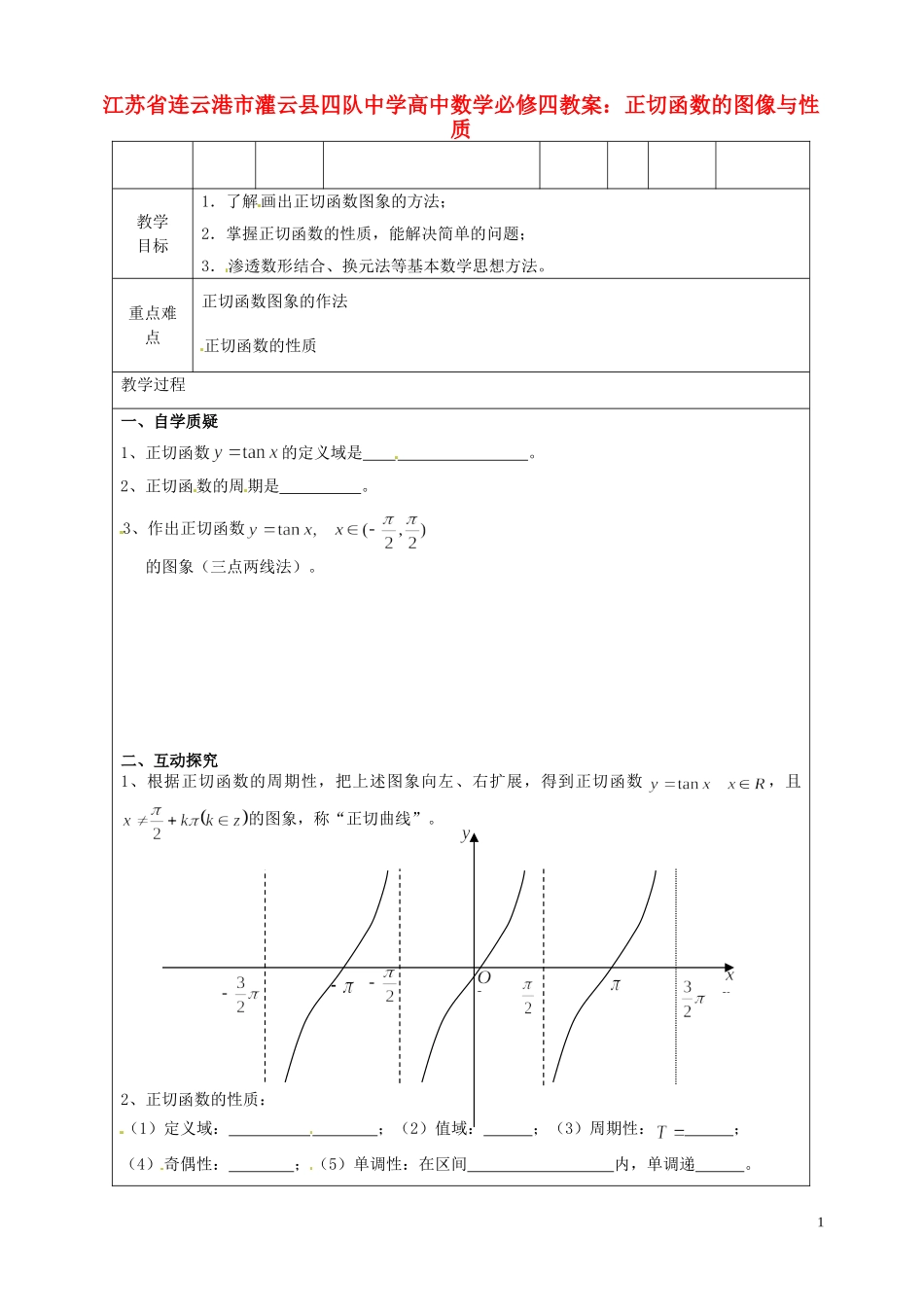 江苏省连云港市灌云县四队中学高中数学 正切函数的图像与性质教案 苏教版必修4_第1页