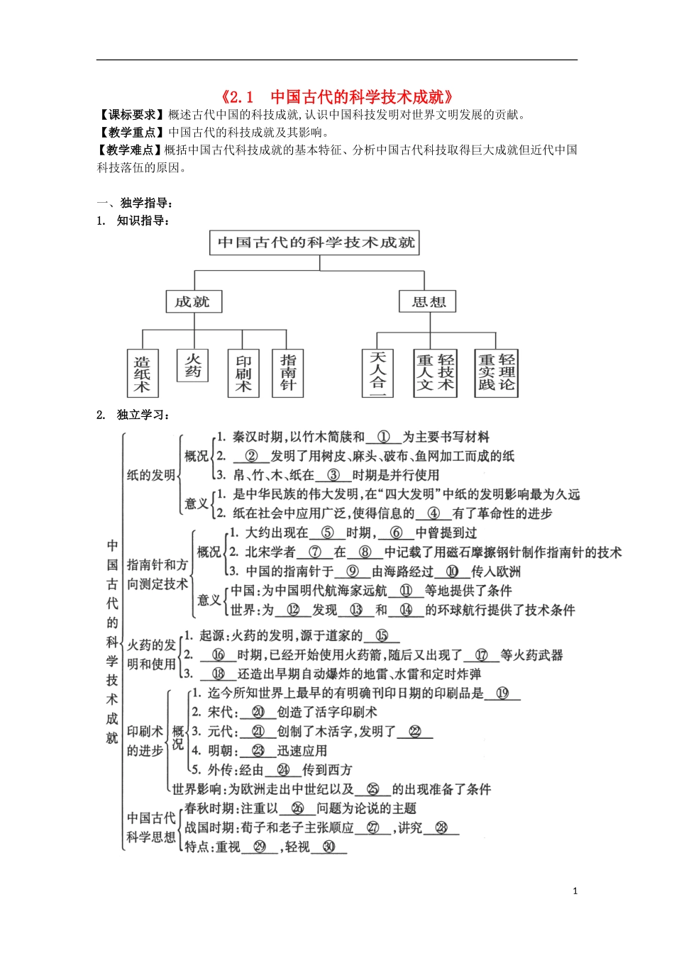 重庆市江津五中高中历史《2.1 中国古代的科学技术成就》教案 人民版必修3_第1页